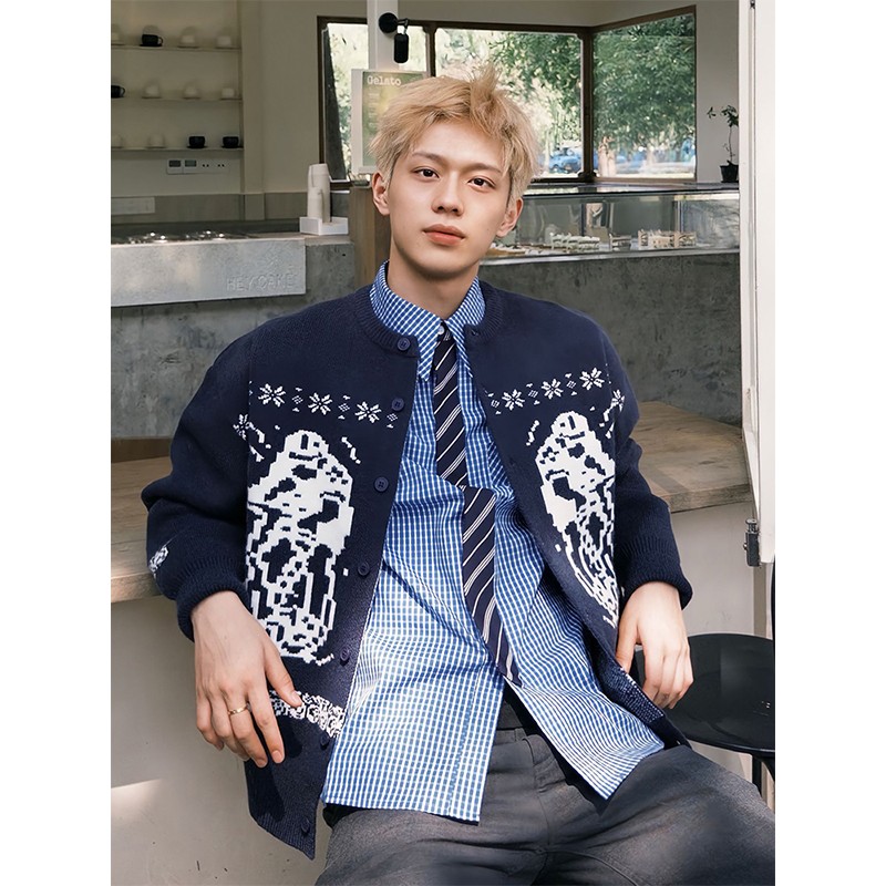 藏青色费尔岛毛衣开衫男款秋冬