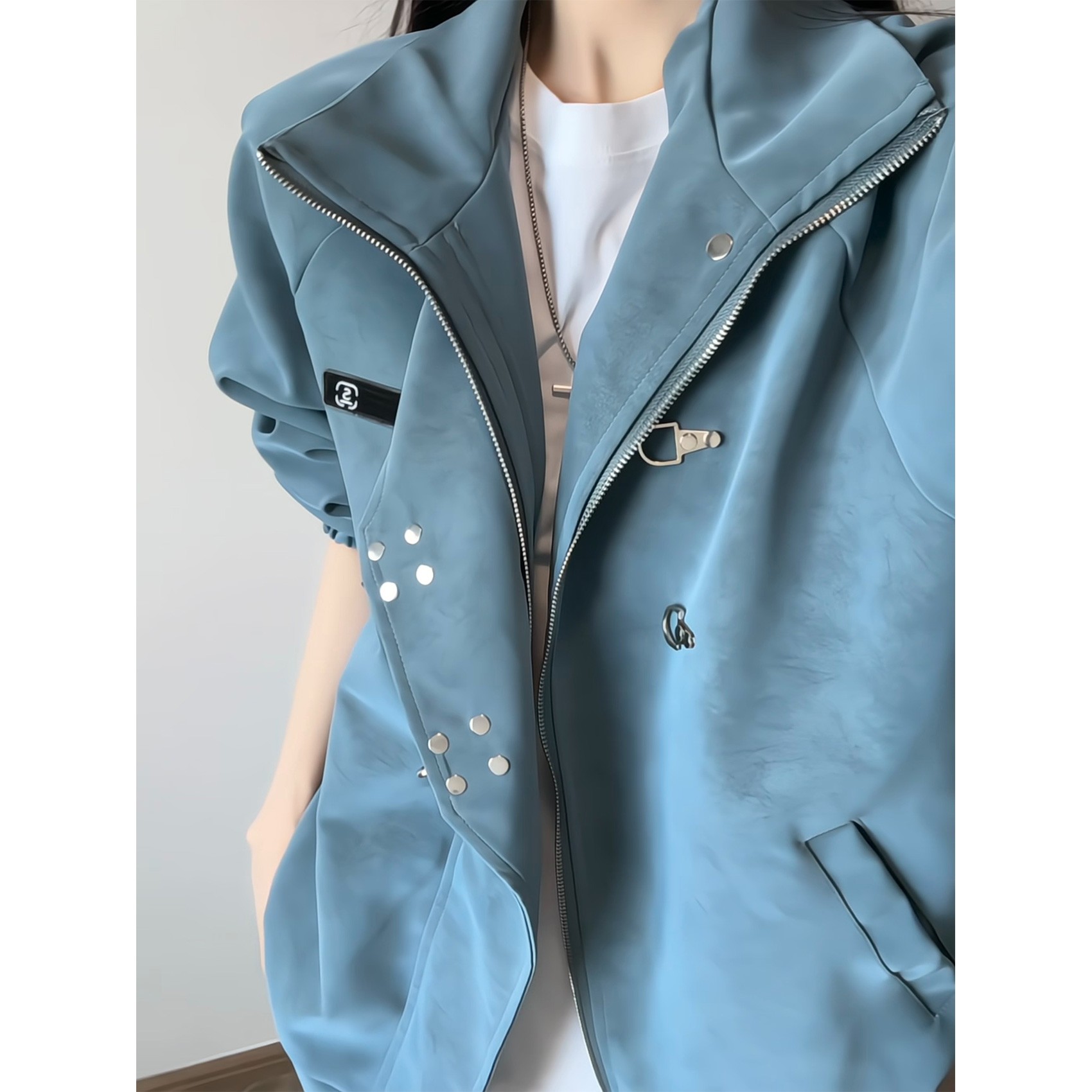 蓝色扎染pu皮衣外套男款秋冬