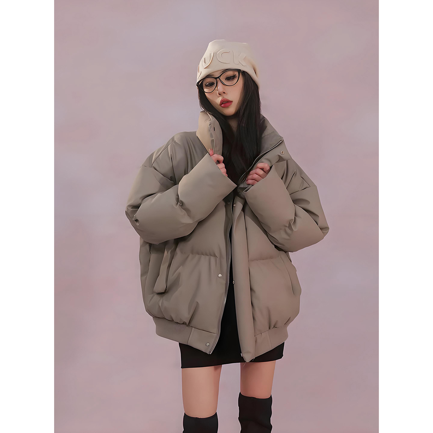 咖啡色立领pu皮羽绒棉服男冬季