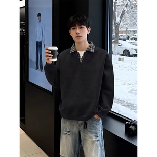 黑色千鸟格翻领polo衫男款冬季美式复古格子拼接假两件打底衫卫衣