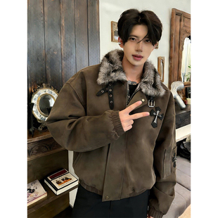 咖啡色短款座山雕棉服男款冬季美式十字架棉衣外套设计感加厚夹克