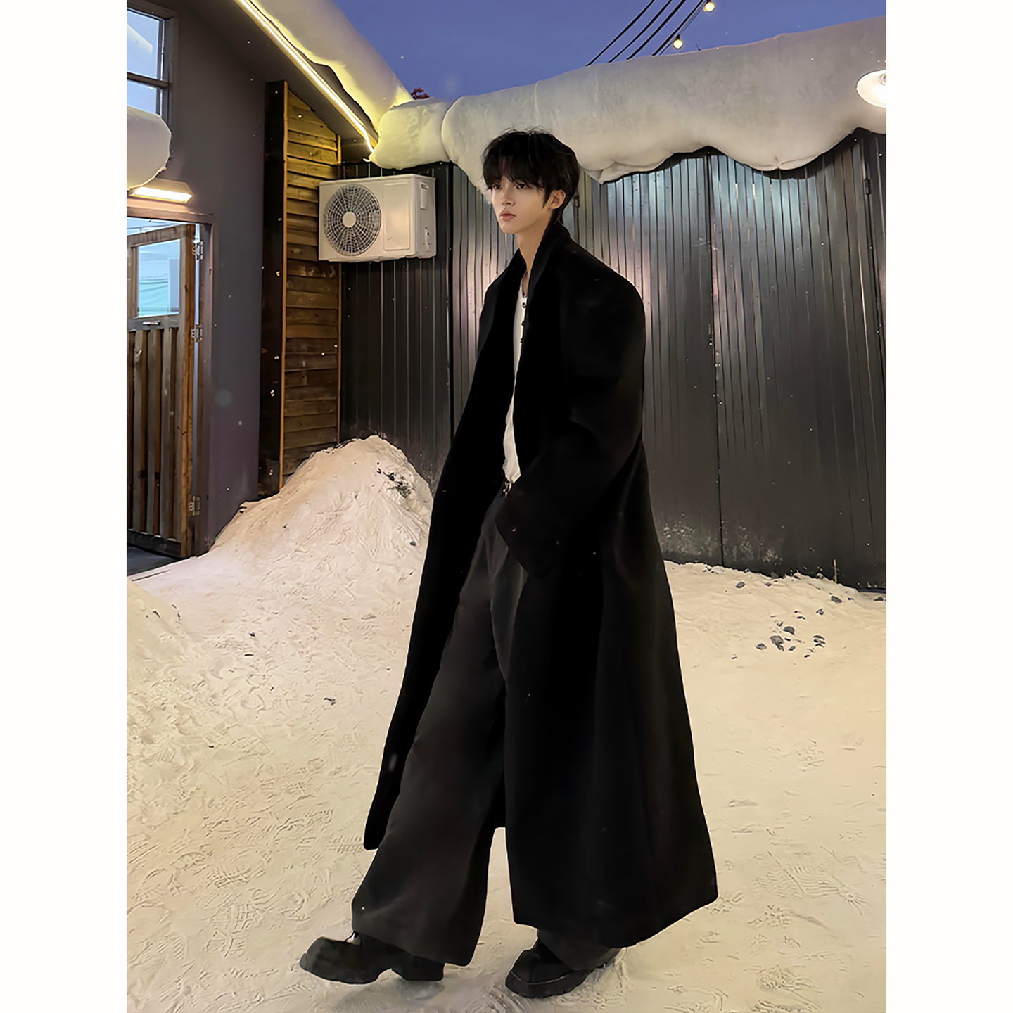 黑色正肩毛呢大衣男秋冬季韩系