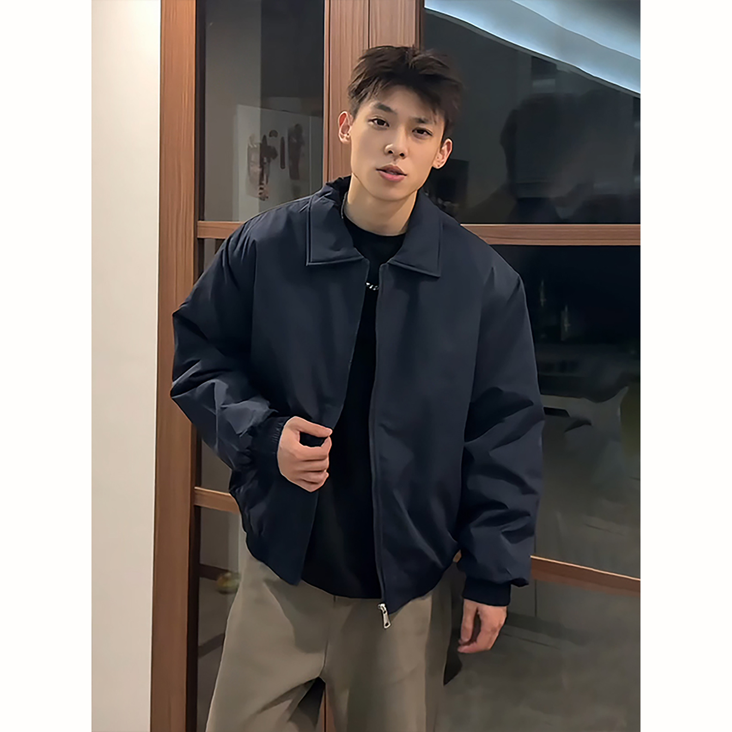 藏青色飞行夹克棉服男冬季美式