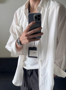 白色亚麻苎麻防晒衬衫男夏季薄款外套老钱风棉麻纯棉布料100%全棉