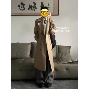 咖啡色双排扣韩系穿搭风衣男秋季中长款克苏鲁文职大衣英伦风外套