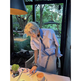 小众设计镶钻条纹短袖衬衫痞帅风男模高级感上衣撞色拼接领带衬衣