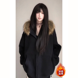 美式复古高街毛领连帽卫衣男女款冬季加绒加厚外套美式毛领厚帽衫