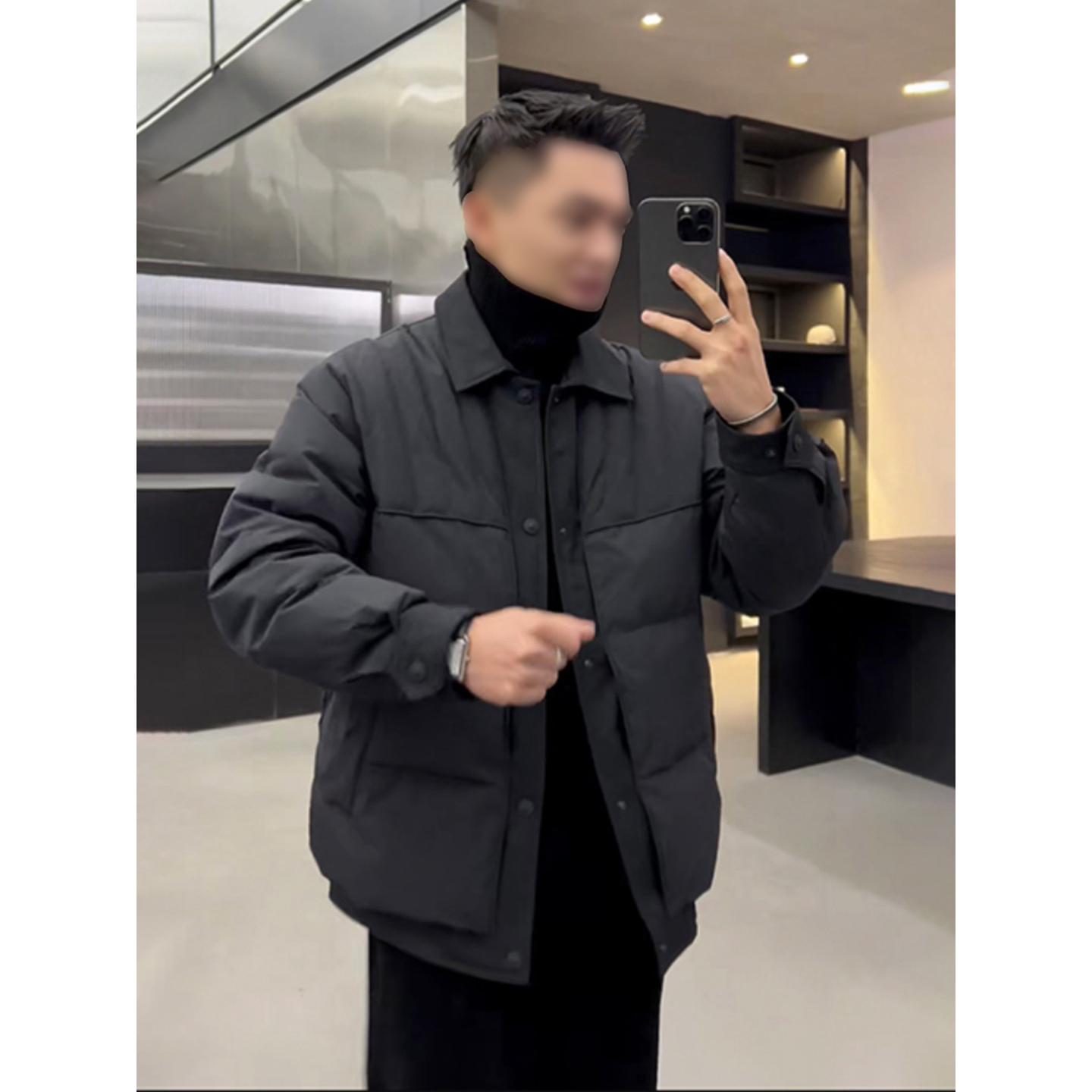 黑色衬衫式夹克羽绒服男款冬季