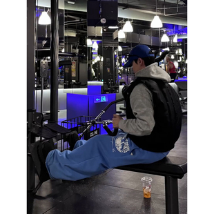 多巴胺蓝色字母印花重磅卫裤男款春季健身运动裤子美式阔腿遛弯裤