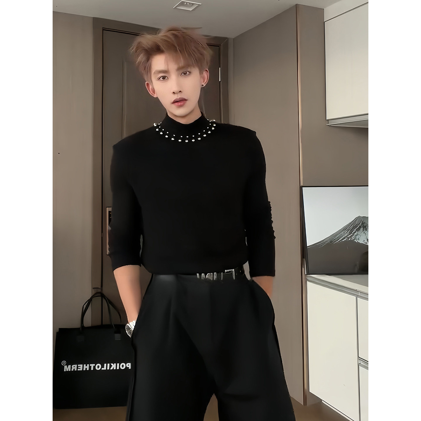 小香风珍珠垫肩毛衣男冬季痞帅高级感修身内搭针织衫半高领打底衫,男装,T恤,淘宝优惠券,粉丝福利购,淘宝优惠卷