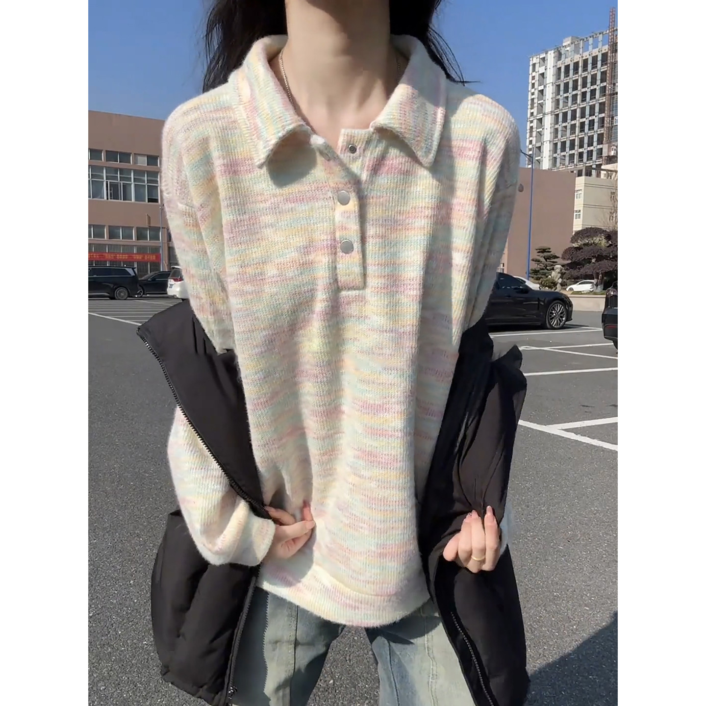 美式彩条针织polo衫男女oversi慵懒风情侣款卫衣加绒加厚翻领毛衣,男装,卫衣,淘宝优惠券,粉丝福利购,淘宝优惠卷