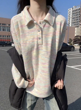 美式彩条针织polo衫男女oversi慵懒风情侣款卫衣加绒加厚翻领毛衣