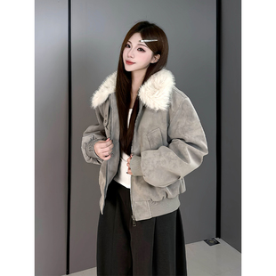 棒球服皮衣外套 高级感加厚短款 美式 高街座山雕毛领夹克棉服男冬季