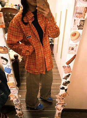 橙色格子长袖衬衫男女秋季美式刺绣休闲衬衣多巴胺慵懒松弛感外套