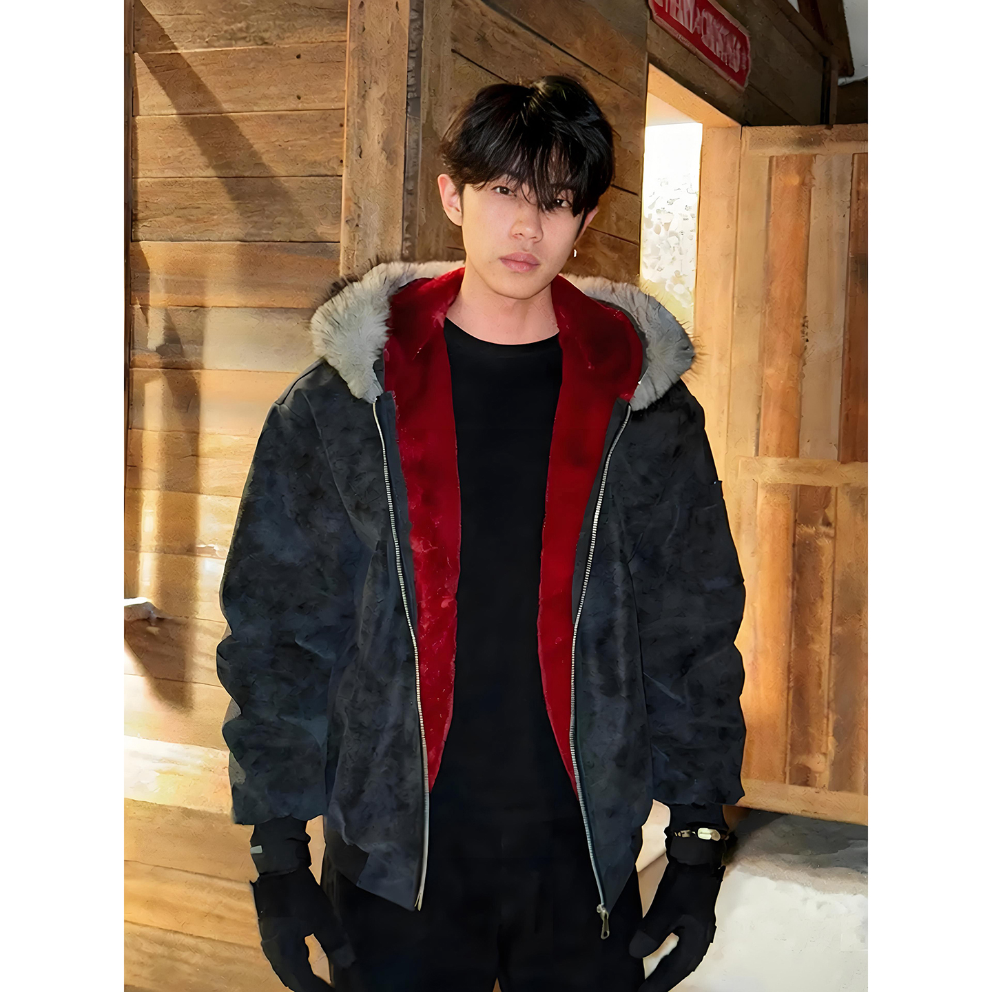 黑色红内座山雕毛领棉服男款冬季