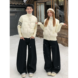 美式拼接三条杠针织羽绒棉服男女款冬季加厚撞色情侣立领棉衣外套