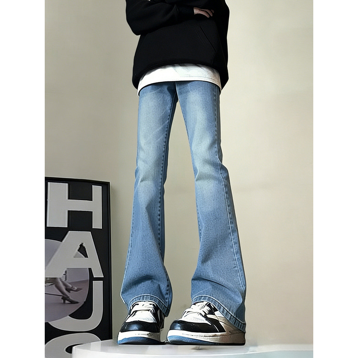 浅蓝色修身弹力牛仔裤男款冬季美式高街vibe裤子不贴腿直筒微喇裤,男装,牛仔裤,淘宝优惠券,粉丝福利购,淘宝优惠卷