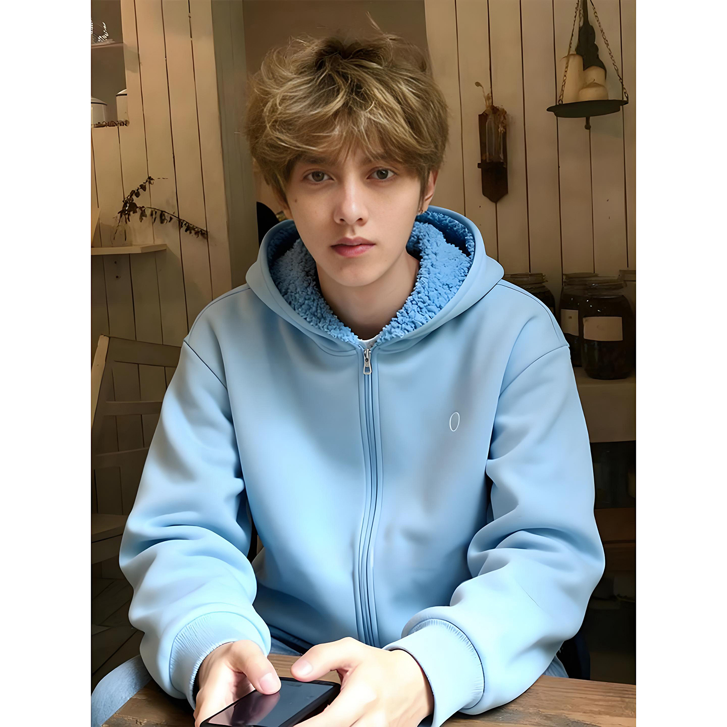 奶蓝色摇粒绒连帽棉衣男秋冬防寒内胆正肩卫衣户外运动羊羔毛外套