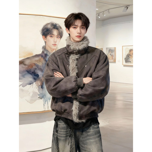 仿麂皮绒座山雕毛领棉服男款冬季