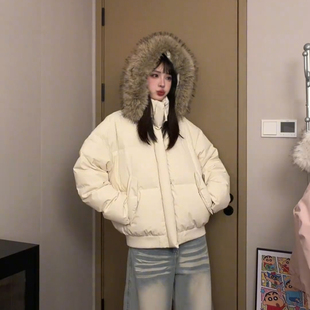 乳白色大毛领羽绒棉服男女冬季可拆卸连帽面包服加厚保暖情侣棉衣