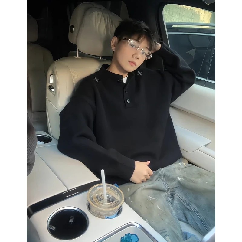 黑色美式亨利领毛衣男款秋冬