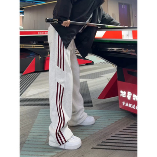 白花灰美式松弛卫裤男款秋冬加绒健身休闲运动裤子条纹拼接直筒裤