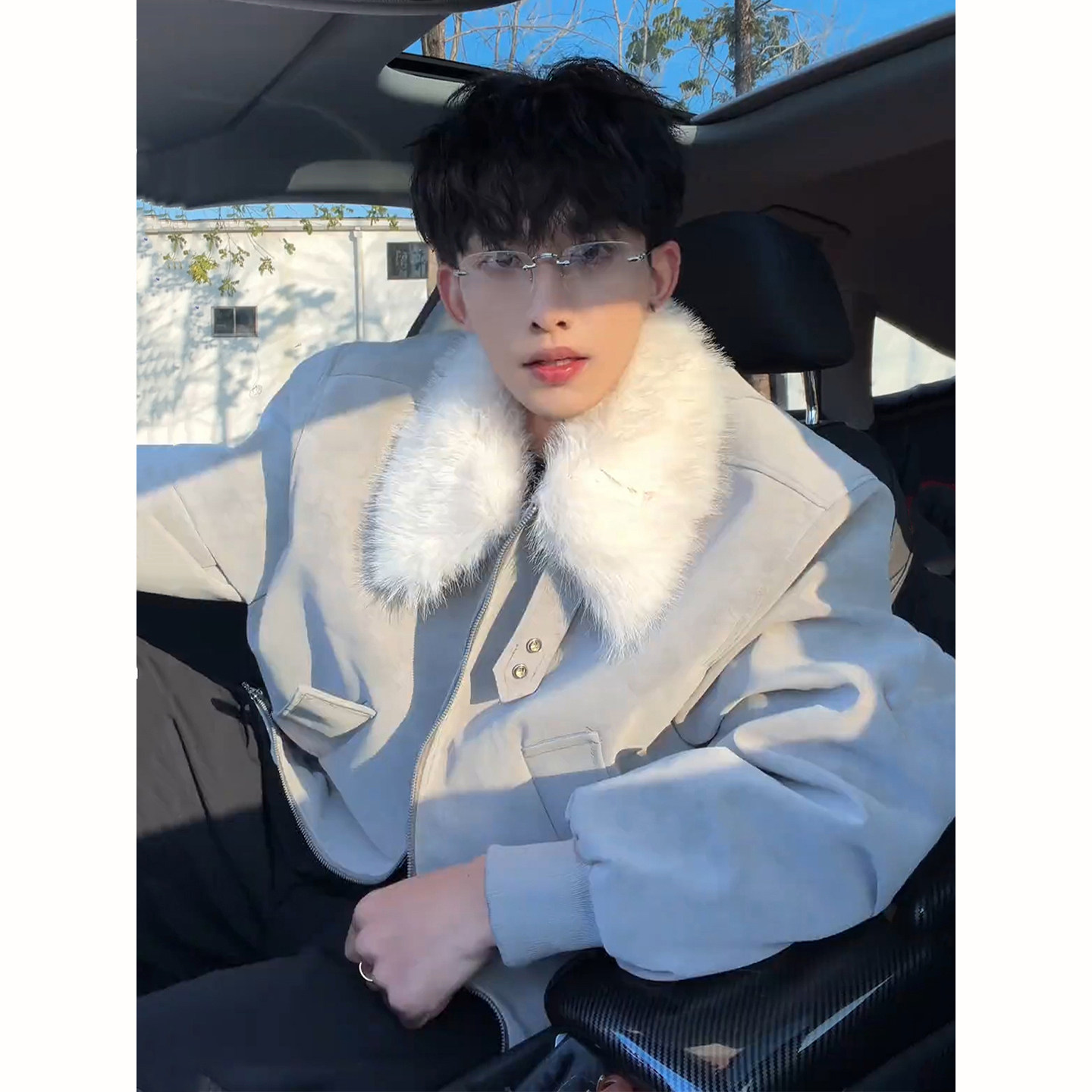 美式高街毛领座山雕皮衣外套男