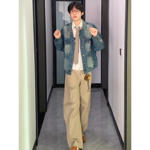 宽松垫肩夹克ins潮牌痞帅牛仔衣 秋季 美式 水洗做旧牛仔外套男女款