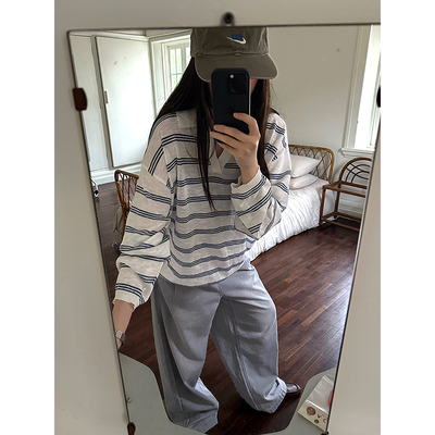 复古蓝白条纹polo衫长袖T恤男款