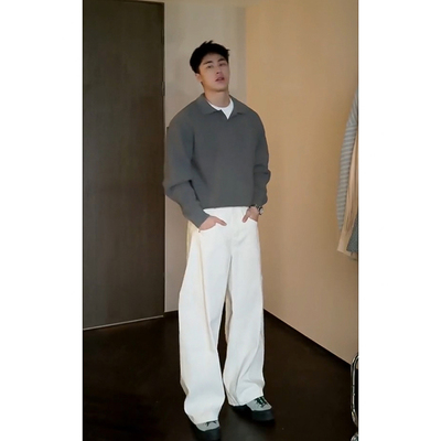 美式白色弯刀牛仔裤微喇直筒裤