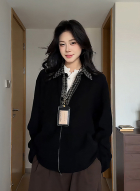 美式黑色格纹假两件衬衫男秋季华夫格拼接长袖衬衣高级感设计夹克