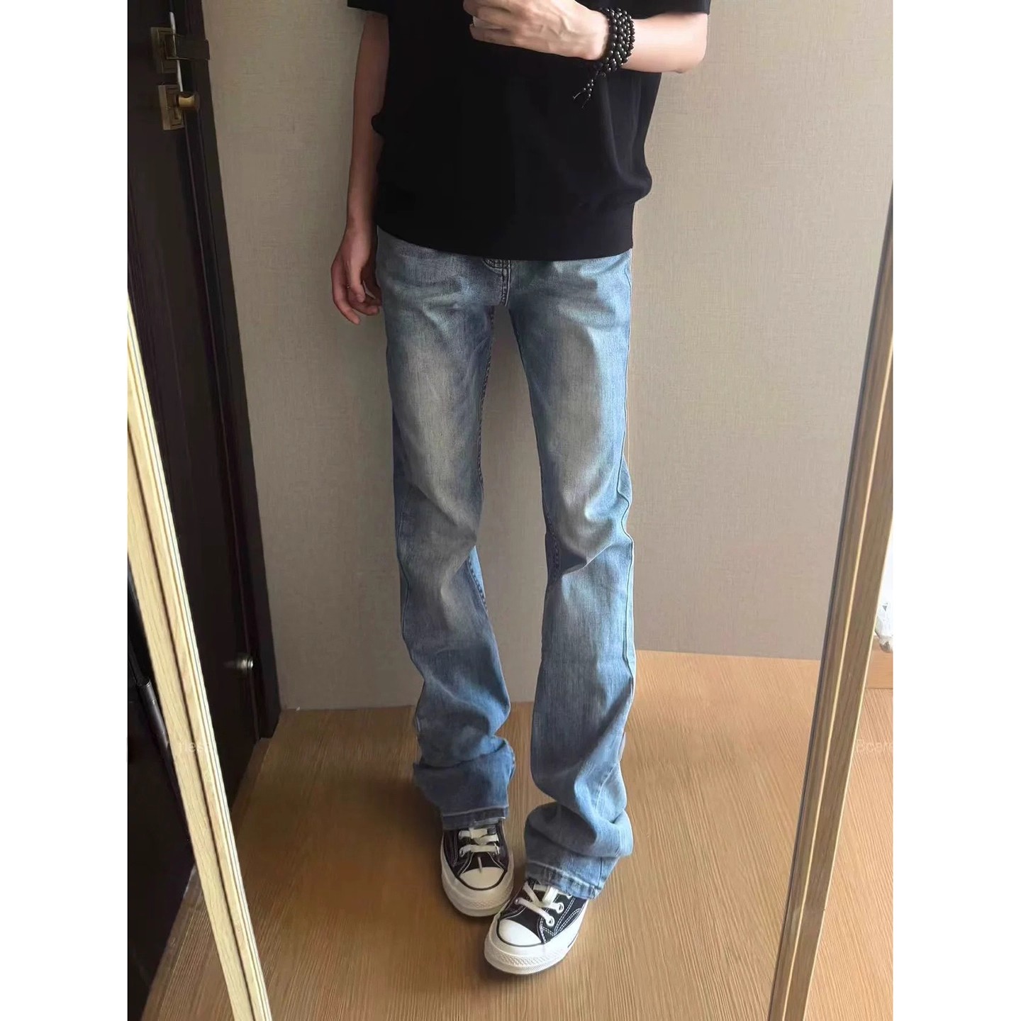 浅蓝色微喇牛仔裤男美式痞帅裤子