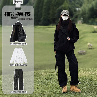 黑色多拉链软壳冲锋衣三合一男款户外徒步登山服套装三防连帽夹克