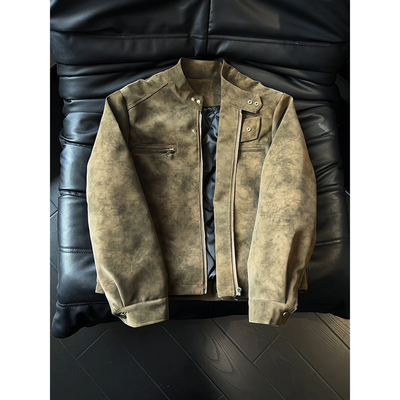 咖色扎染PU皮衣外套男冬季