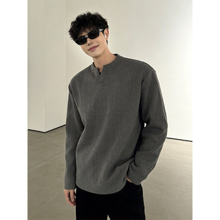 深灰色条纹提花长袖t恤男款秋冬美式v领加绒卫衣高级感内搭打底衫