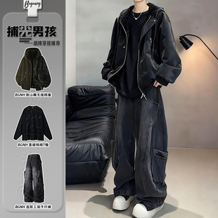 美式座山雕外套棉服冬装男装一套搭配帅气皮毛一体加绒连帽派克服