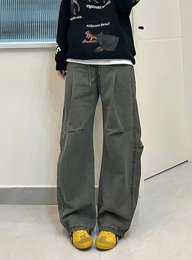 军绿色美式褶皱弯刀裤男款秋冬季水洗纯棉阔腿工装裤子直筒微喇裤