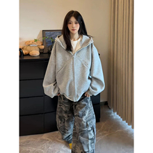 浅灰色460g美式重工铆钉开衫卫衣男女秋季短款廓形外套情侣连帽衫