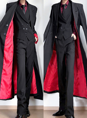 黑色红内撞色修身款风衣英伦雅痞男装dk西装外套长款垫肩收腰大衣