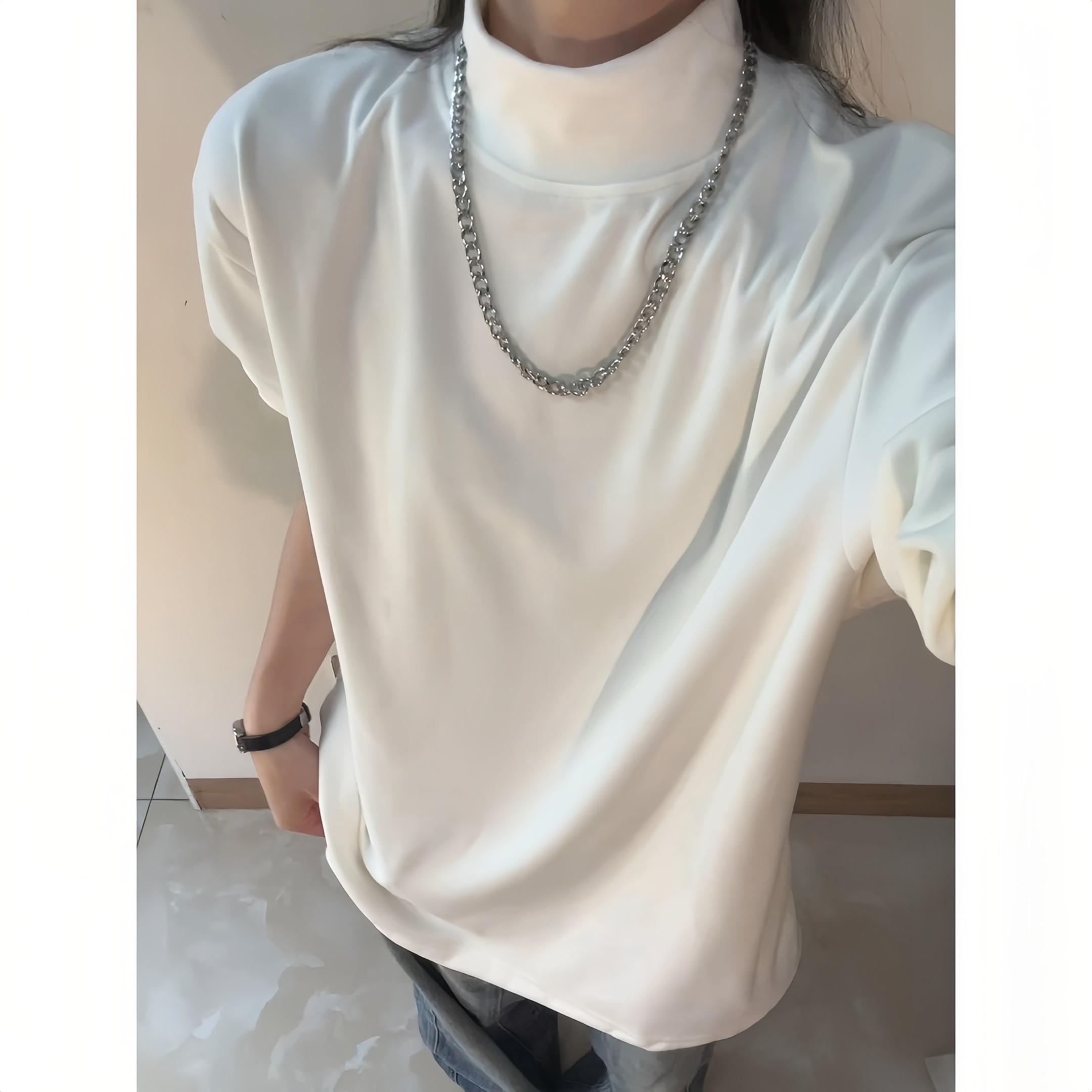 白色半高领德绒长袖t恤男女秋冬季美式重磅正肩卫衣内搭打底上衣