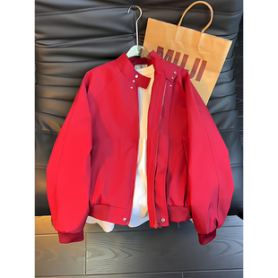 红色美式立领飞行员夹克男款春季哈灵顿工装外套高级感短款冲锋衣