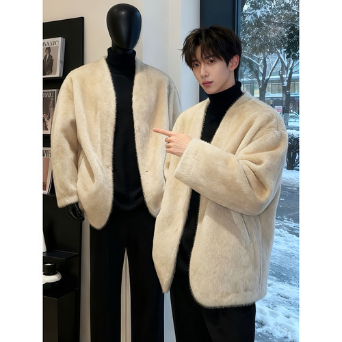 仿兔毛皮毛一体皮草夹克男模高级