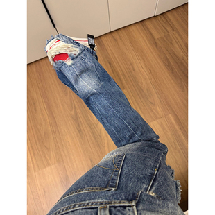 bootcut破洞微喇牛仔裤男款春夏设计感小众裤子弹力修身直筒长裤