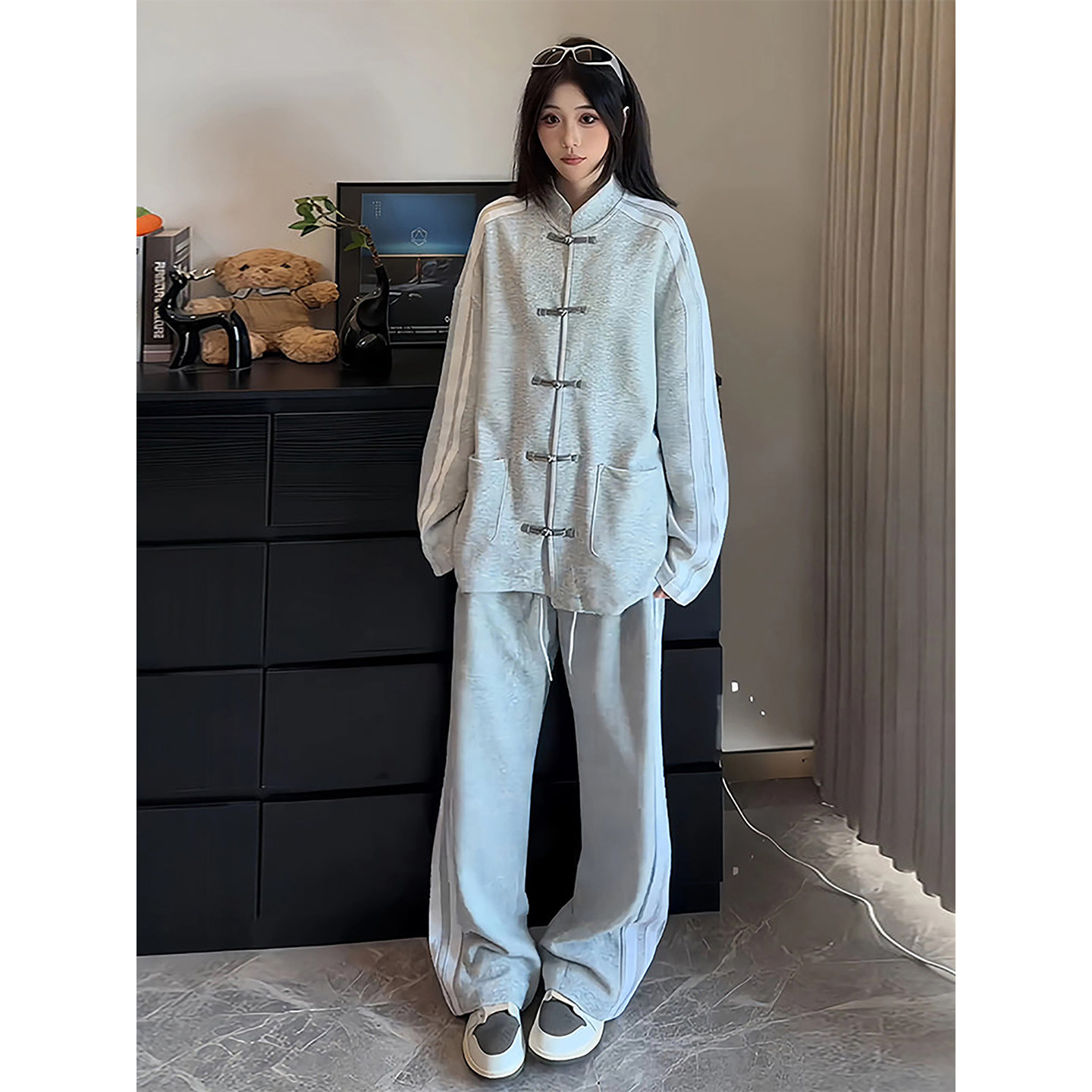 新中式重磅条纹开衫卫衣男女冬季一整套穿搭国风盘扣休闲立领外套,男装,时尚套装,淘宝优惠券,粉丝福利购,淘宝优惠卷