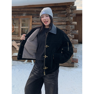 老钱风飞机扣皮领外套男女冬季加绒加厚夹克棉服美式痞帅短款棉衣