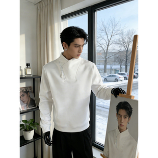 白色斜拉链加绒卫衣男款秋冬立领正肩长袖t恤设计感美式内搭上衣