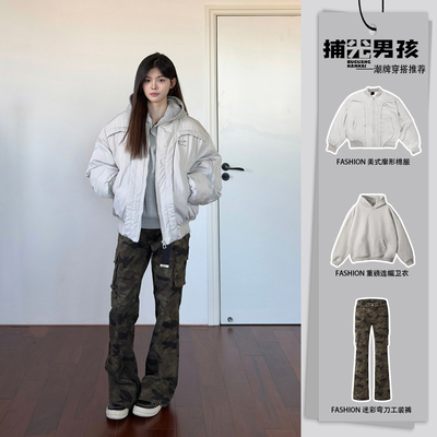 美式解构弧形飞行夹克棉服男生