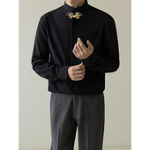 金领黑色衬衫 内搭轻熟风男装 刺绣盘扣立领衬衣韩版 新中式 修身 外套