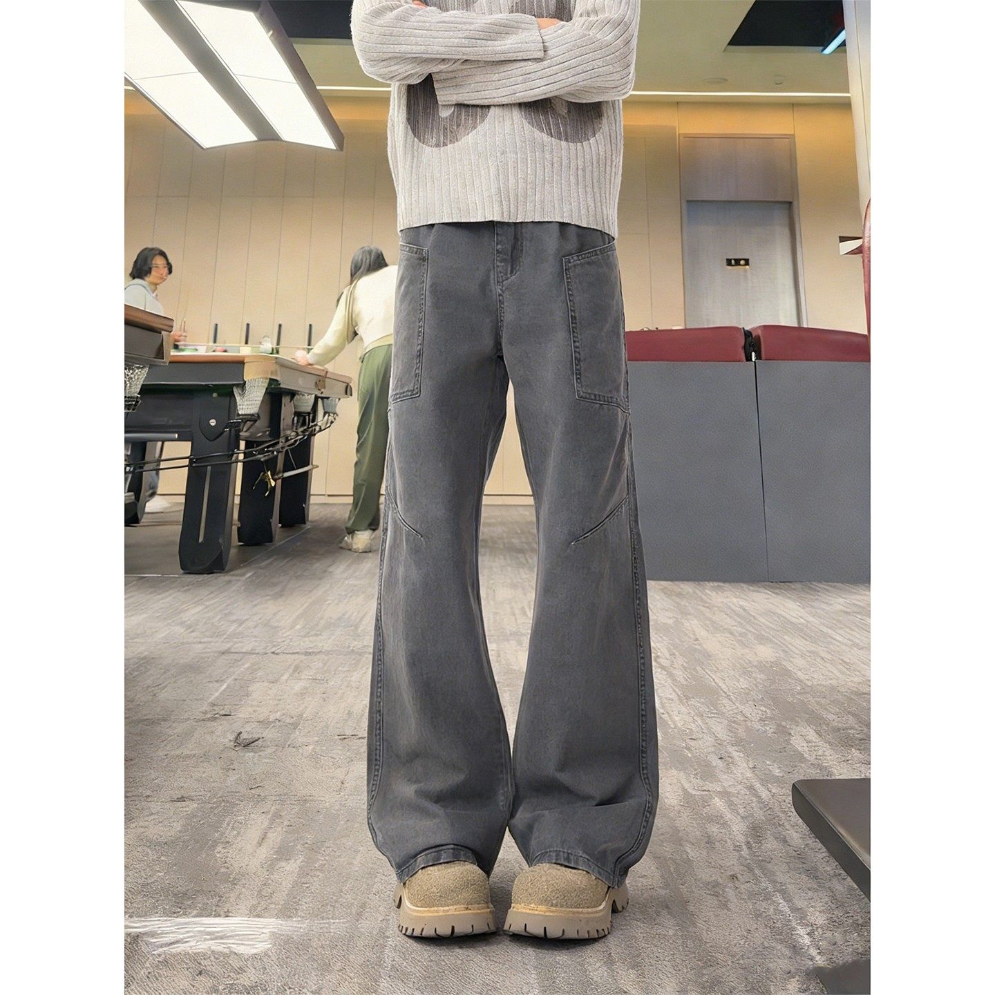 烟灰色解构工装裤男款春季美式复古弯刀牛仔裤cleanfit直筒微喇裤,男装,牛仔裤,淘宝优惠券,粉丝福利购,淘宝优惠卷