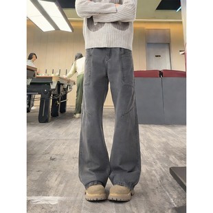 烟灰色解构工装裤男款春季美式复古弯刀牛仔裤cleanfit直筒微喇裤